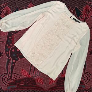 White House Black Market Cream Lace-Front Chiffon Sleeve Blouse